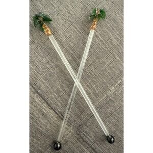 2 Glass Highball Drink Swizzle Stick Stirrers With PALM TREE Tops 8 Inches